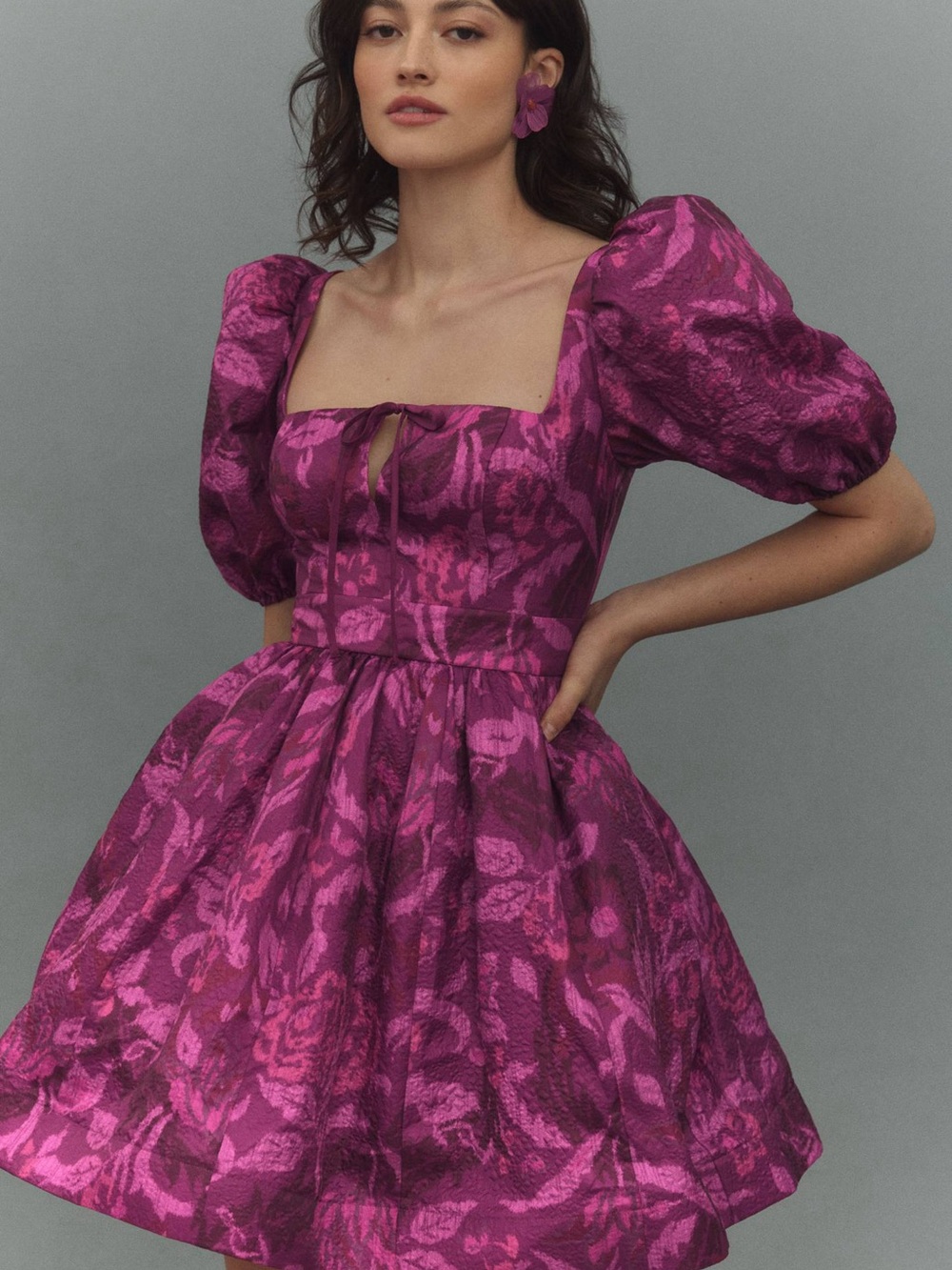 BHLDN Magenta Floral Puff-Sleeve Mini Dress